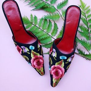 Embroidered floral kitten heel mules, never worn!